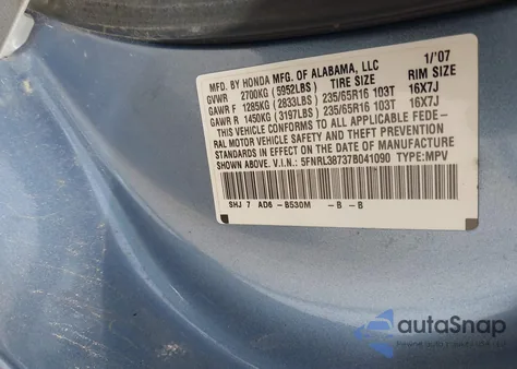 2007 Honda Odyssey Ex-L from USA, damaged, VIN 5FNRL38737B041090